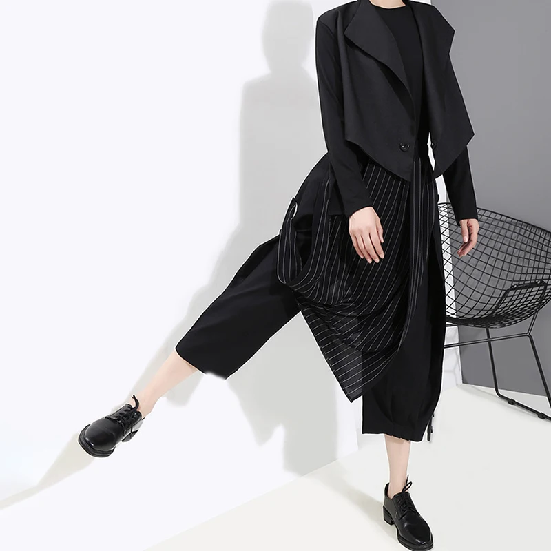 [EAM] High Elastic Waist Striped Black Asymmetric Trousers New Loose Fit Pants Women Fashion Tide Spring Autumn 1A933