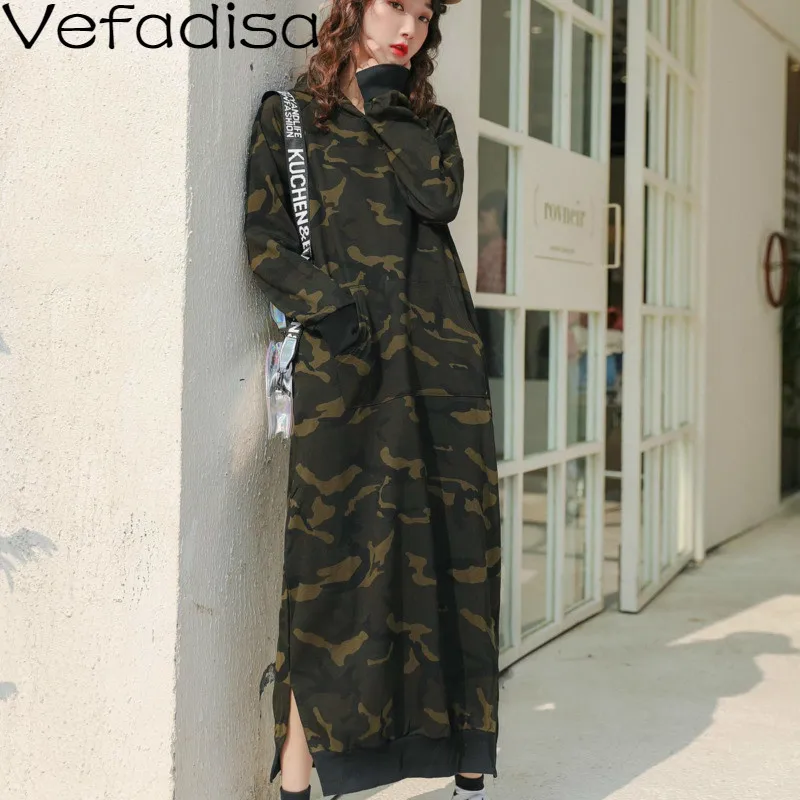 

Vefadisa Autumn Casual Women Long Pullover Sweatshirt Dress Hooded Camouflage Long Sleeve Sweatshirt 2019 QYF500
