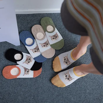 

2020 new Women Cute Kawaii Streetwear Summer Spring Animal Print Sox Cartoon Cat Low Ankle Invisible Slippers Girl