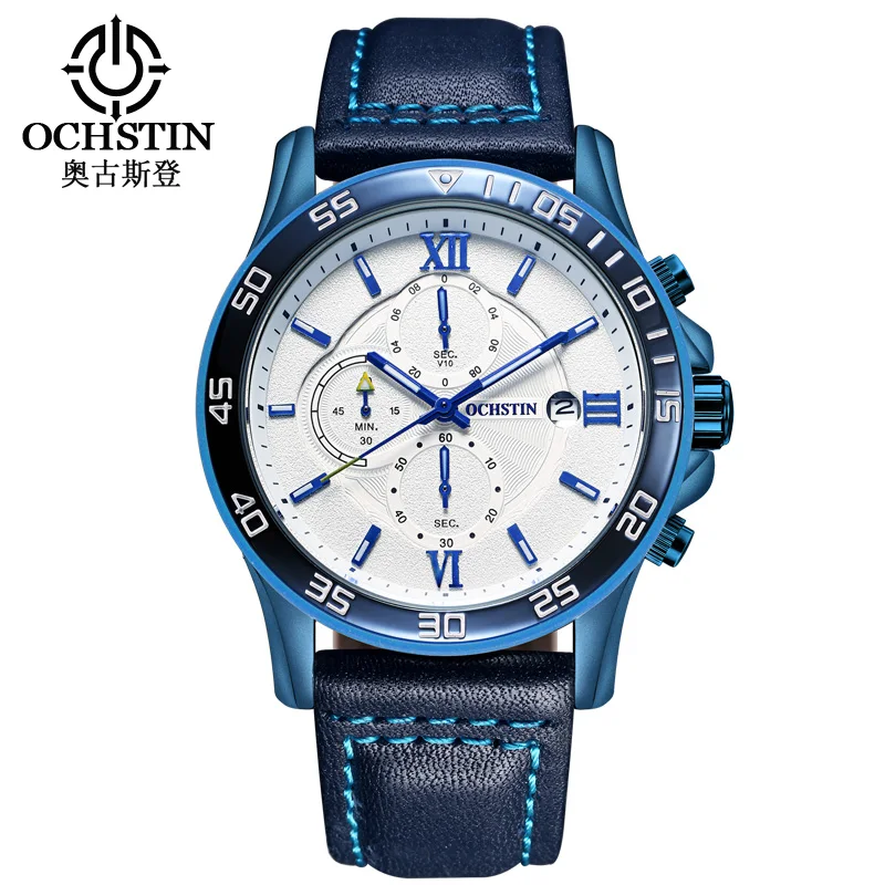 reloj hombre OCHSTIN Rose Gold Luxury watch Automatic Calendar business men watch in Casual sport leather band quartz watch men - Цвет: silver blue