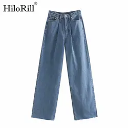 Женские свободные синие джинсы с высокой талией, широкие Длинные повседневные брюки, плиссированные мешковатые прямые женские базовые