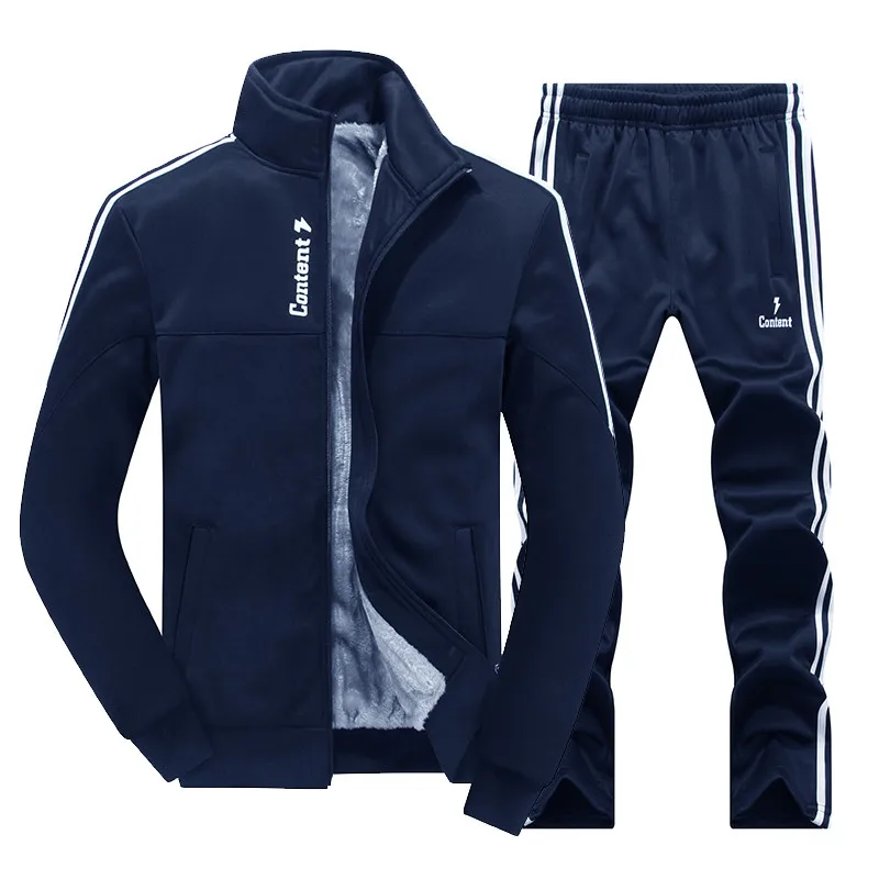 New Winter Men's Sets Plus Velvet Men Sport Suits Sportswear Set Fitness Warm Tracksuit Zip Pocket Male's Casual Clothing - Цвет: Dark Blue