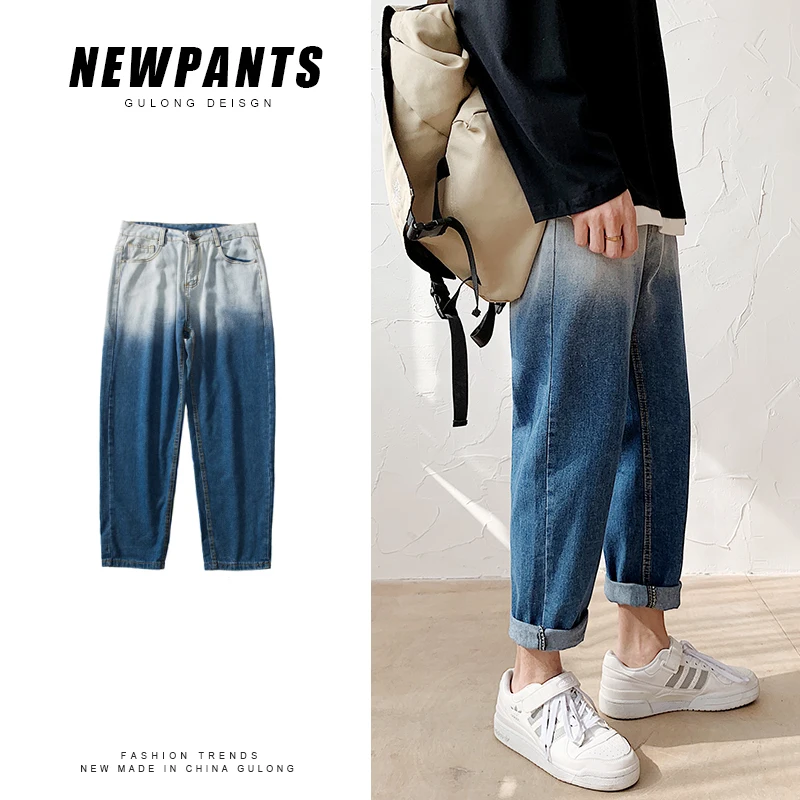 

Gradient Jeans Men's Fashion Washed Retro Casual Jeans Pants Men Streetwear Loose Hip Hop Straight Denim Trousers Mens S-3XL