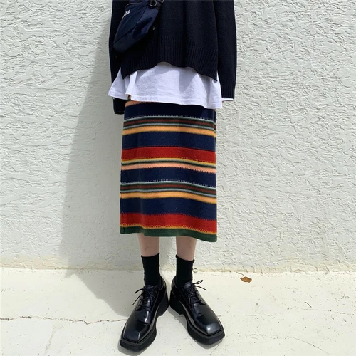 striped Woherb Радуга трикотажные юбки женские свитер в Корейском стиле с юбкой осень-зима шик Винтаж средней длины юбка карандаш Saia - Цвет: striped