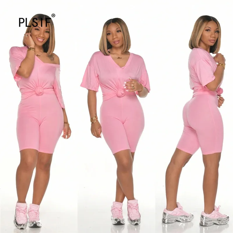 Однотонный комплект из 2 предметов женский топ с коротким рукавом и V образным