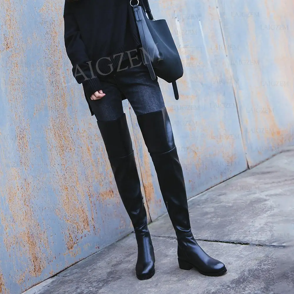 

BERZIMER Quality Women Thigh High Boots Leather Over Knee Boots Low Chunky Heels Fold Over Zapatos Ladies Shoes Woman Size 33 40