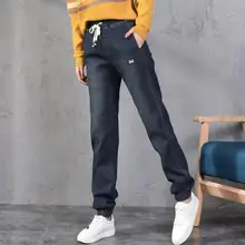 Зимние джинсы Boyfriend плюс вельветовые утепленные женские штаны-шаровары с завязками на талии женские длинные теплые джинсы