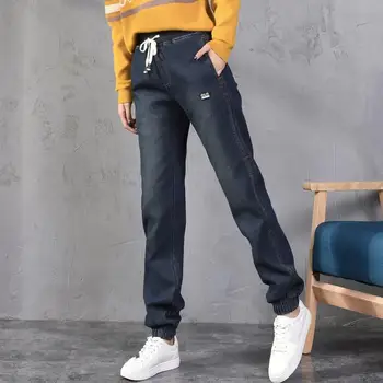 

Winter Boyfriend Plus Velvet Thicken Jeans Women Drawstring Waist Harem Pants Women Long Warm Jeans