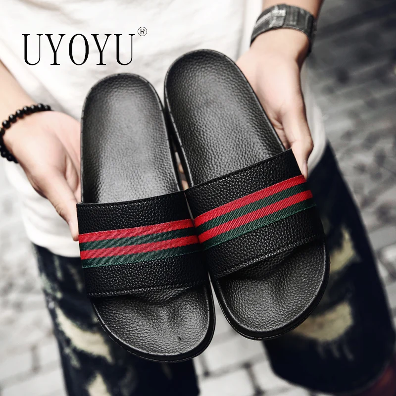 Zapatillas planas antideslizantes de PVC para hombre, tobogán de interior, Chanclas de playa de verano, zapatillas de rayas de gran tamaño, envío directo