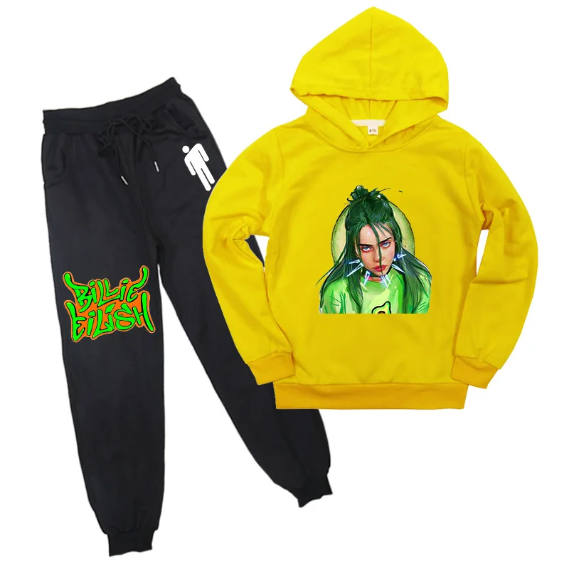 Billie Eilish/Повседневная Толстовка с капюшоном и штаны-шаровары для мальчиков и девочек, комплект одежды, хлопковая Стильная трикотажная кофта с капюшоном, штаны - Цвет: Цвет: желтый