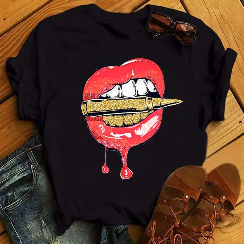 New Fashion Women's Casual Lip Printed T-Shirt Summer Short Sleeve T-Shirts Vintage Funny Leopard Lips T-Shirt Femme Black Tops t shirt