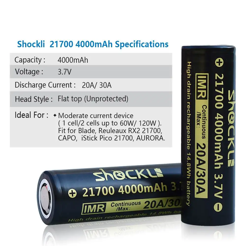 2 шт 3,7 V Shockli IMR 21700 аккумулятор 4000mAh 20A литий-ионная аккумуляторная батарея с плоским верхом чехол для фонарика