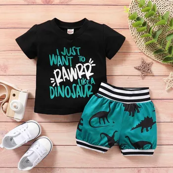 

Baby Boys Black Letter Print T-shirt For Kids Cartoon Shorts Clothing Set Infant Child Round Neck Tops Clothes Set