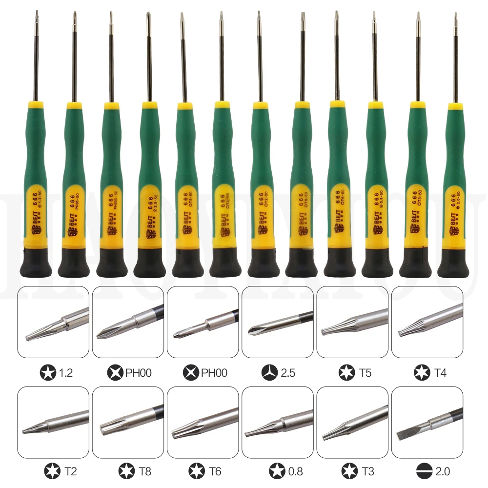 BST-666 12 в 1 Torx T2, T3, T4, T5, T6, T8, Phillips PH00, PH000 Pentalobe, 5-ти точечные 0,8, 1,2, 2,0, Y2.5 прецизионных отверток комплект