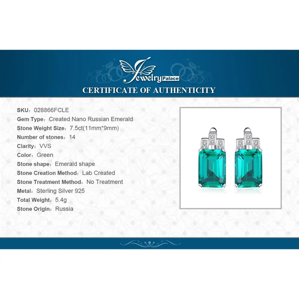 Jewelrypalace Роскошные 7.6ct создана изумруд Серебро 925 клип на Серьги для Для женщин Модные украшения