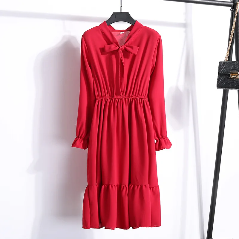 Корейская черная рубашка Vestidos для офиса, в горошек, винтажные осенние платья, Женское зимнее платье, миди однотонное платье с длинным рукавом для женщин - Цвет: Red