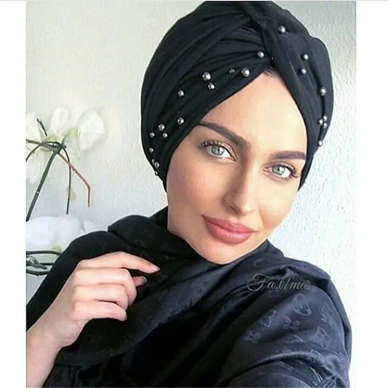 

2020 Stretch Cotton Turban Caps WIth Pearls For Women Muslim Cap Jersey Hijab Caps Islamic Headscarf Hat Headwraps Bonnet