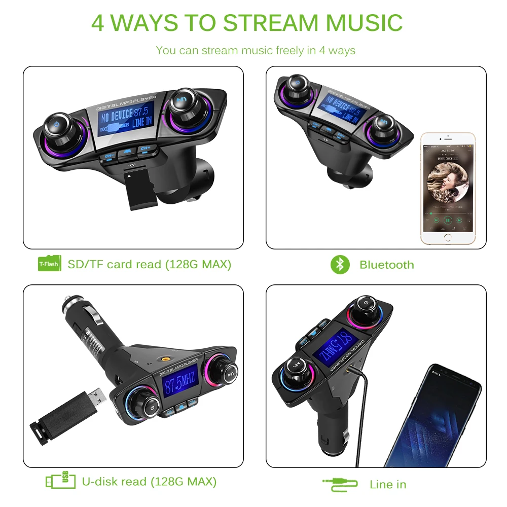 Onever Car FM Transmitter Modulator MP3 Player Bluetooth 4.0 Hands-free Stereo Audio Receiver Adapter with USB Charging Port