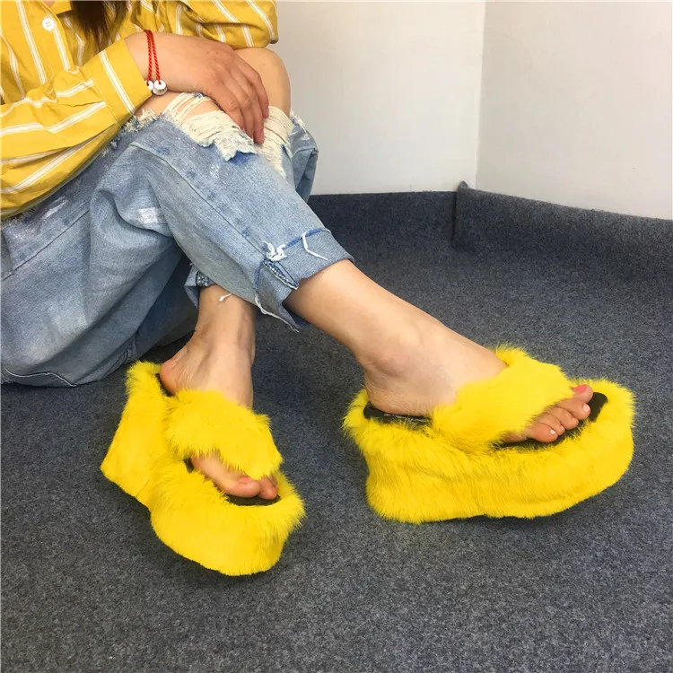 

Womens Real Rabbit Fur Decor Furry Flip flops Slipper Platform Muffin Super High Wedge Heel Shoes Slides Slingback New 4Colors