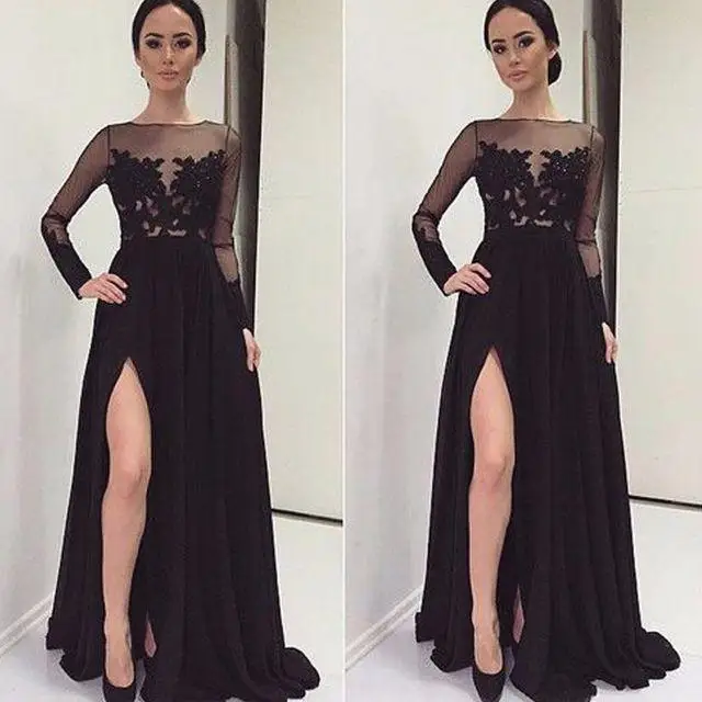 

Split Prom Dresses 2019 Black Appliques Sexy Chiffon Floor Length A-line Evening Gowns With Long Sleeves Cheap lace prom dress