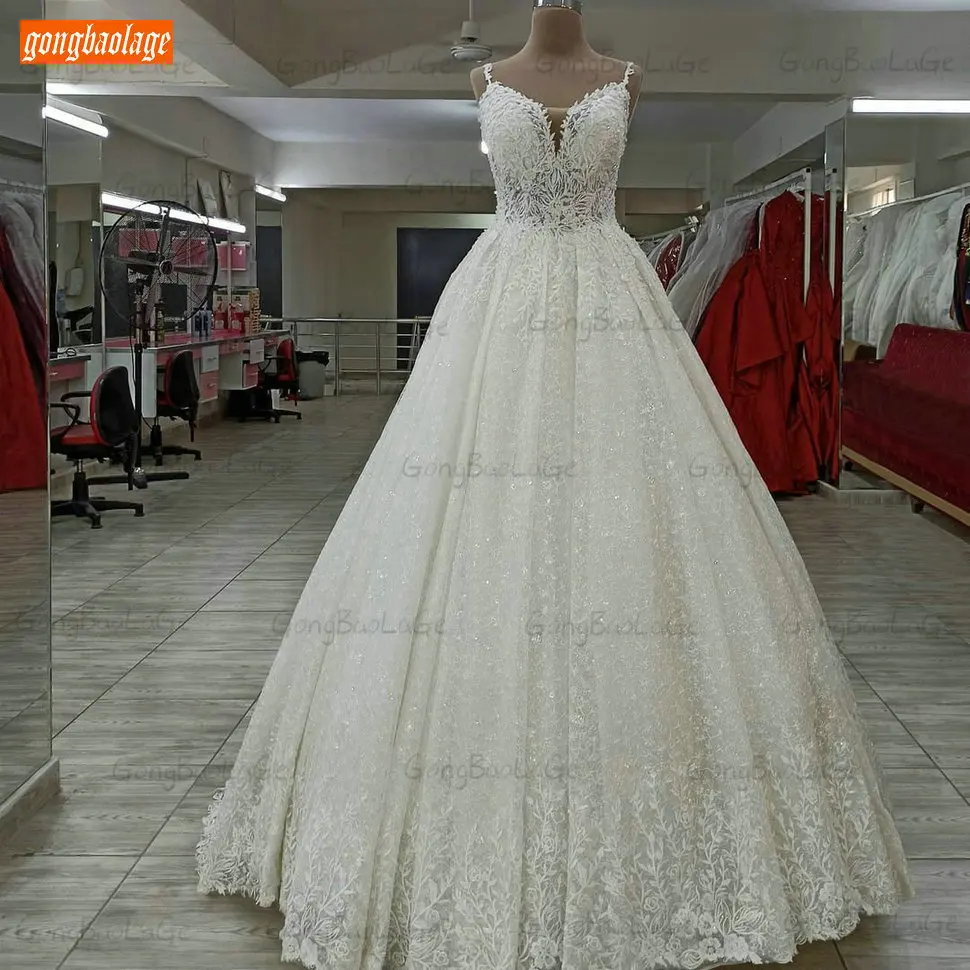 Ivory Lace Wedding Dresses Spaghetti Straps Robe Mariage 2021 Cinderella Ball Gown Bridal Dress Court Train Vestido De Casamento plus size wedding dresses