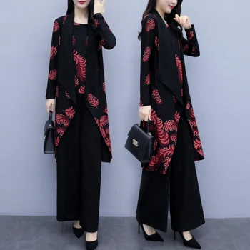 

Lady 3 Piece Set 2019 Spring Autumn Women's Tank + Cardigan Long Sleeve Tops +Wide Leg Pants Trousers Suits Female Plus Size