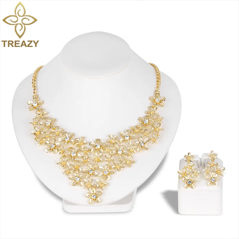 

TREAZY Gold Color Statement Bridal Jewelry Set for Women Rhinestone Flower Wedding Choker Necklace Earrings African Jewelry Sets