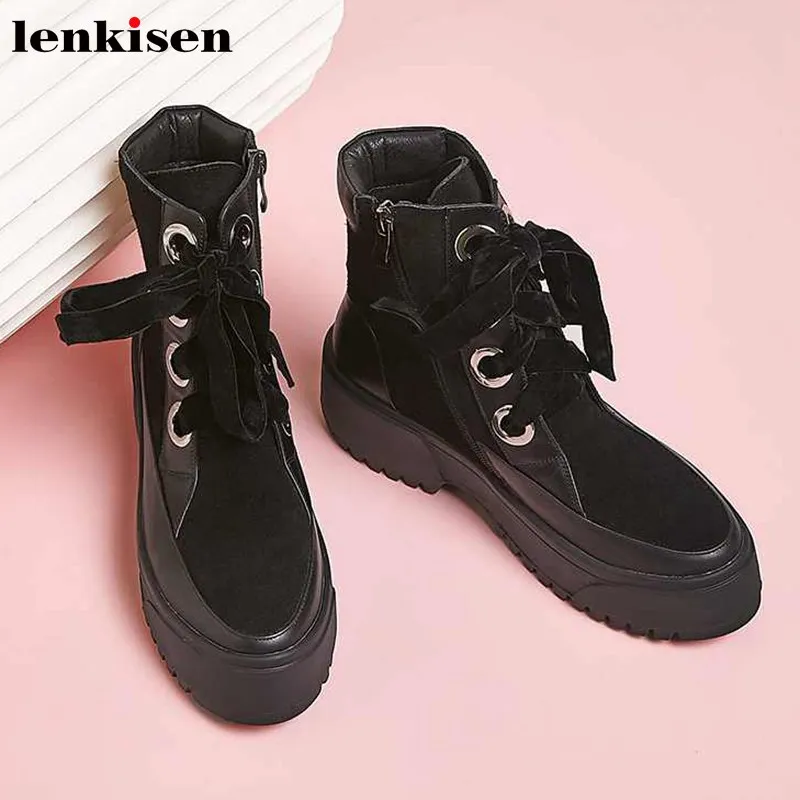 

Lenkisen hot streetwear fashion thick bottom round toe high heels patchwork cow leather breathable lace up black ankle boots L28