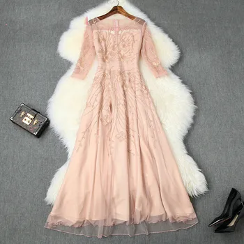 

High Quality Pink Wedding Party Robe Cocktail Vestidos Women Runway Designer Luxury Long Maxi Beading Mesh Dress Festa