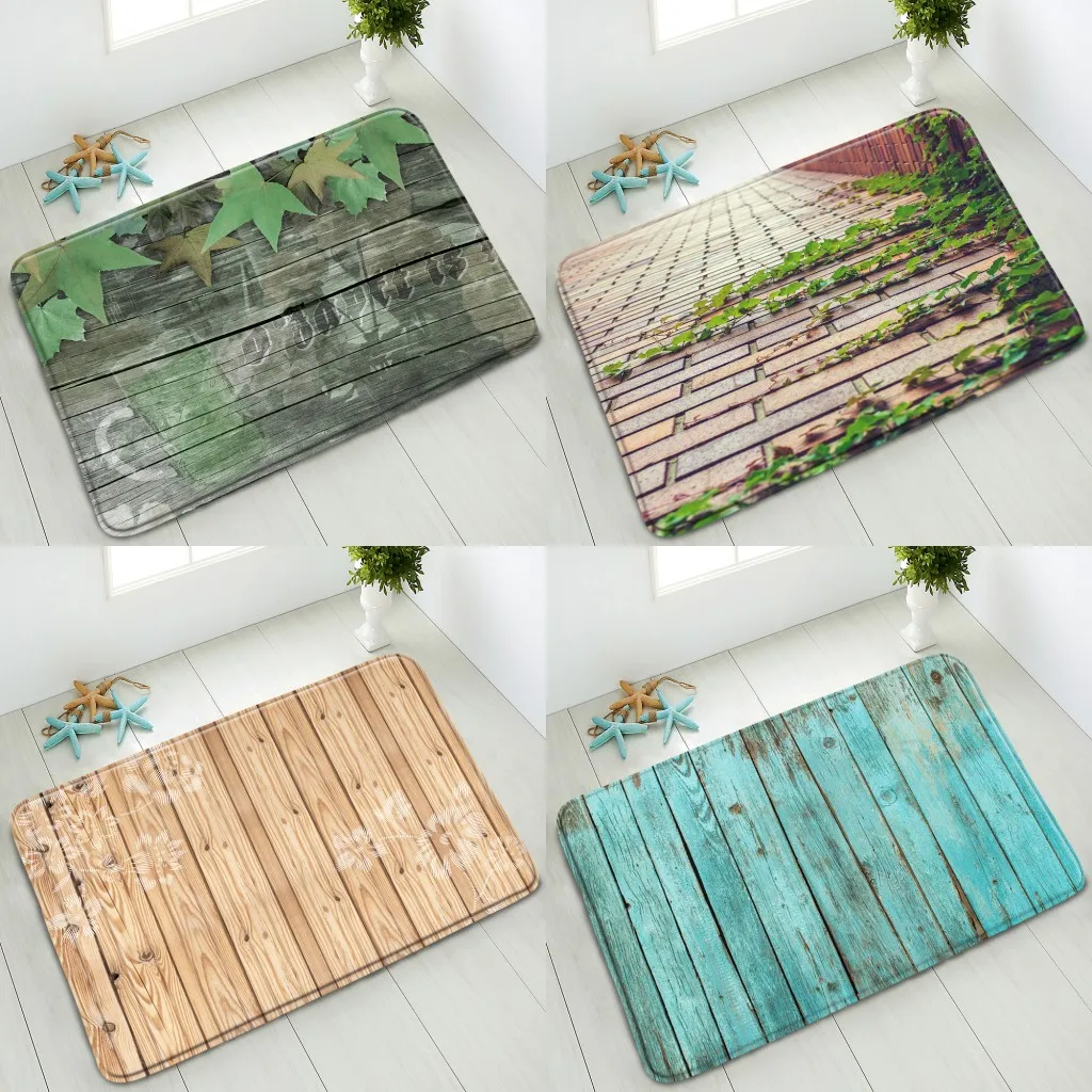 Retro Plancia Di Legno Tappetino Da Bagno Antiscivolo S Foglie Verdi Piante Pareti Di Mattoni Viti Tappetino Per Interni Tappetino Da Cucina Tappetino