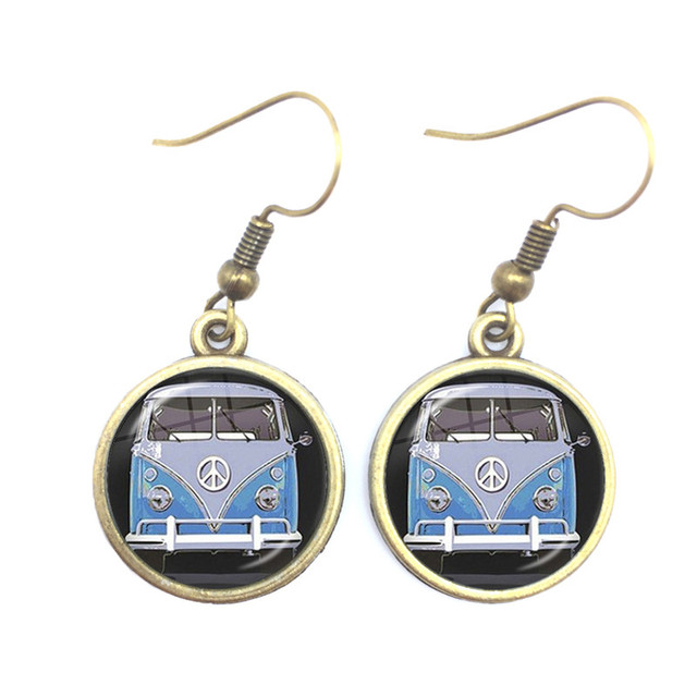 Blue-Red-Yellow Hippie Peace Van Bus Photo Drop Earrings Retro Beach Bus Car Collectors Bus Peace Sign Jewelry For Women