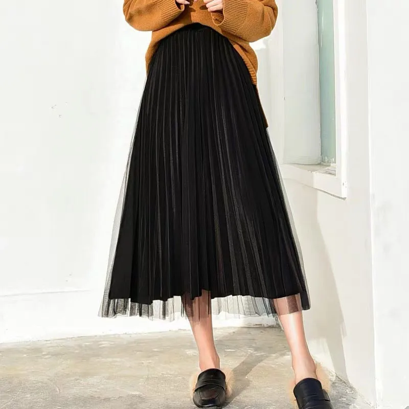 Женская юбка, свободная, высокая талия, эластичная, плиссированная, трапециевидная, Свинг, миди, Винтаж, Коктейльные, вечерние, повседневные, Осенние, юбки в сеточку