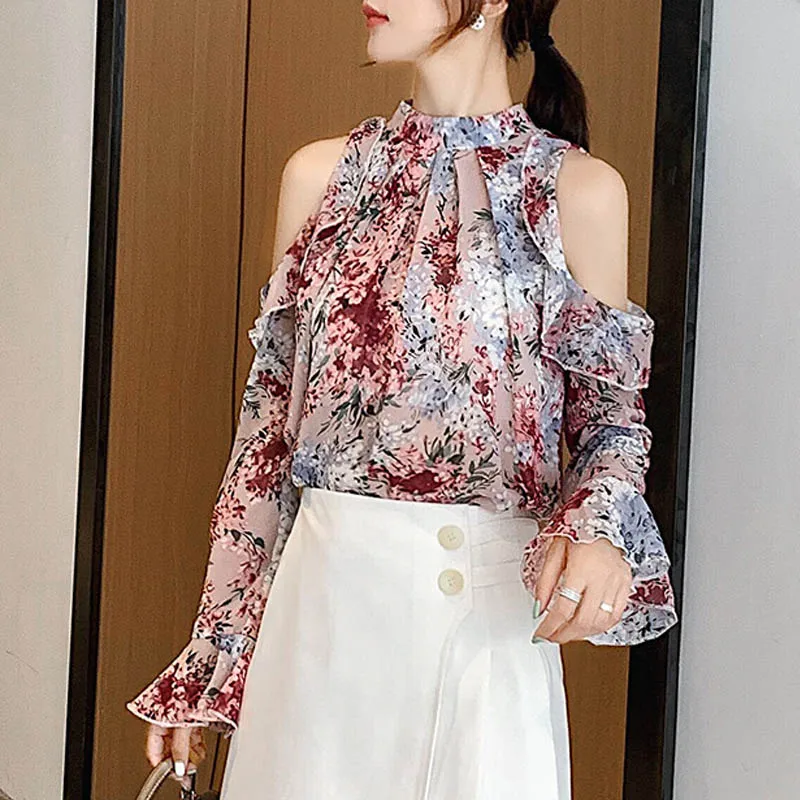 

Women Tops And Blouses Sexy Off Shoulder Plus Size Blouse Shirt Elegant Flowers Print Chiffon Ladies Female Tops Spring 2020 New