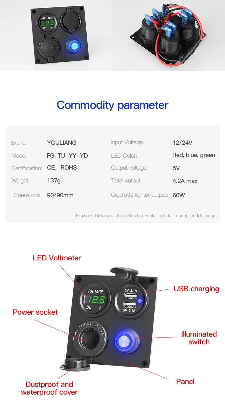 Yctze4 In 1シガーライターソケットデュアルusb充電器led電圧計オン オフスイッチformotorcycleusb充電器キットusbアダプター電話gps充電 保障できる
