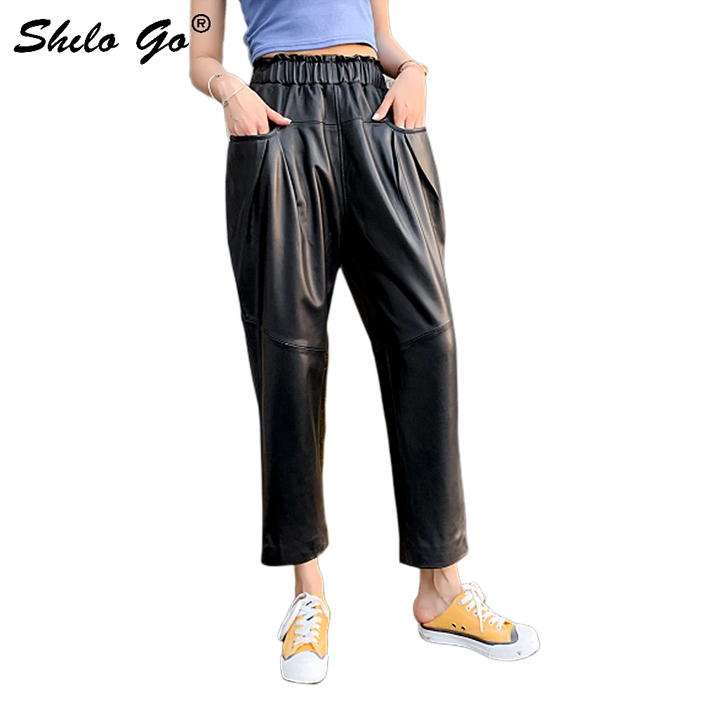 

Genuine Leather Pants Plus Size Black Pocket Side Solid Harem Pants 2019 Women Casual Autumn Elastic High Waist Basics Trousers