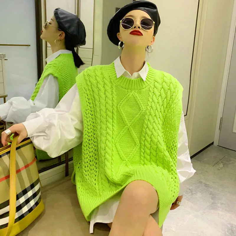 Harajuku Loose Fluorescent Green Women Sweaters Korea Oversize Knit Woman Sweater  Vest 2022 Winter Plus Size Pullover Clothing - AliExpress