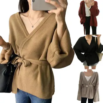 

Women Long Sleeve Solid Color Waist Belt Loose Knitted Sweater Coat Cardigan Ladies solid winter v-neck warm knit