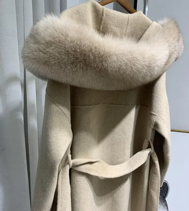 Двустороннее шерстяное пальто с натуральным лисьим мехом, пальто с капюшоном, повседневное зимнее свободное шерстяное пальто, кашемировое пальто