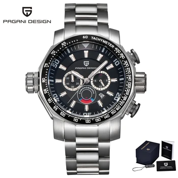 

Pagani Design 46mm Black Dial Men's Top Luxury Large Watch Silver Case Multi-Function Complete Chronograph Quartz Watch
