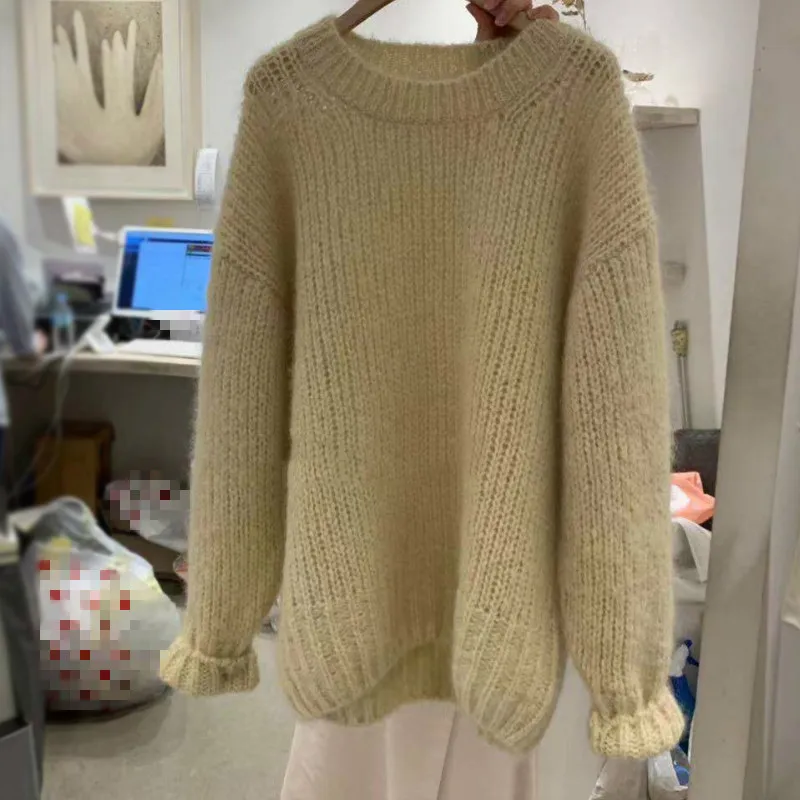 Neploe, Ретро стиль, свободный, безумный стиль, Pull Femme Hiver, о-образный вырез, длинный рукав, однотонный пуловер, свитер, розовый, Толстая теплая верхняя одежда Batw 47741 - Цвет: Goose yellow