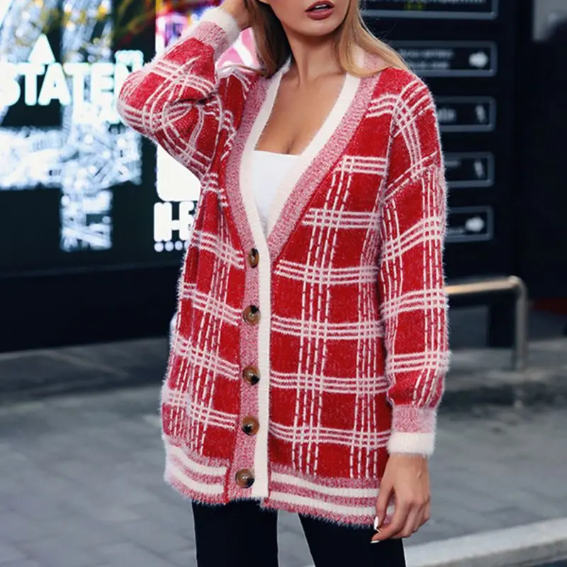 

Womens Winter Thicken Warm Long Sleeve Sweater Vintage Plaid Open Front Cardigan Casual Loose Fit Button Down Knitted Baggy Tops