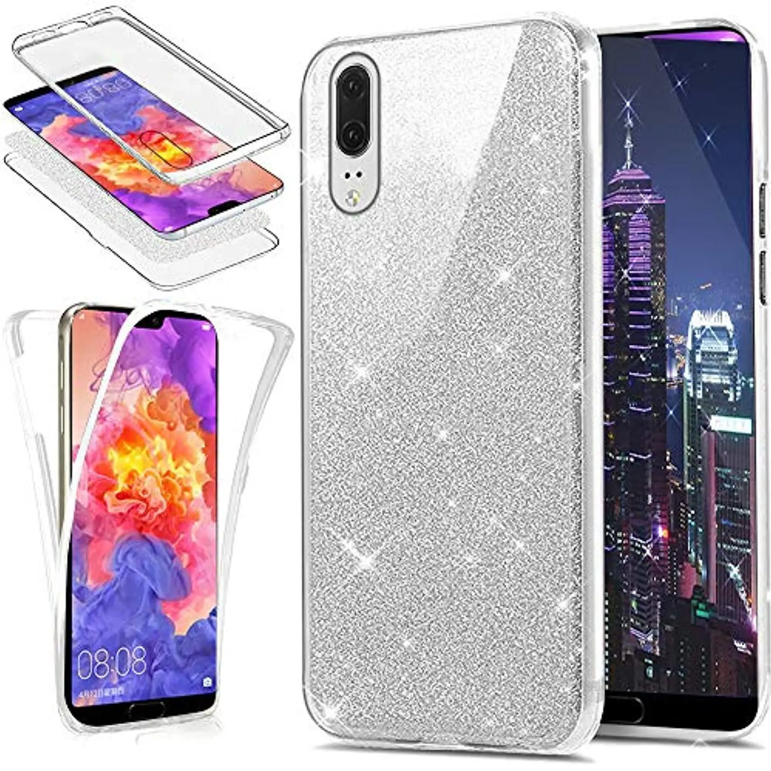 Glitter Front + Back 360 PC TPU Full Phone Case for Samsung Galaxy A10 A20 A30 A40 A50 A70 A20E M10 M20 M30S 2019 Cover Cases |