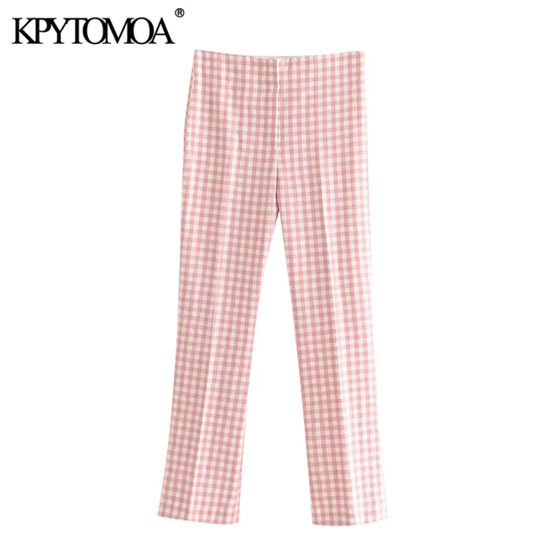 KPYTOMOA Women 2020 Chic Fashion Plaid Flare Pants Vintage High Elastic Waist Zipper Fly Female Ankle Trousers Pantalones Mujer KPYTOMOA Women 2020 Chic Fashion Plaid Flare Pants Vintage High Elastic Waist Zipper Fly Female Ankle Trousers Pantalones Mujer