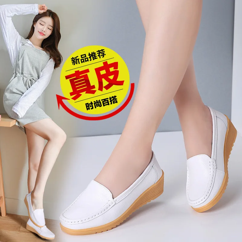 

Genuine Leather Soft Bottom Mom Shoes Female Spring Summer 2019 New Style Korean-style Slanted Heel Thick Bottomed Semi-high Hee