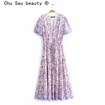 

Chu Sau beauty New Fashion Boho Purple Floral Print Maxi Dress Women Summer Chic V-neck Loose Sashes Long Holiday Dresses Female