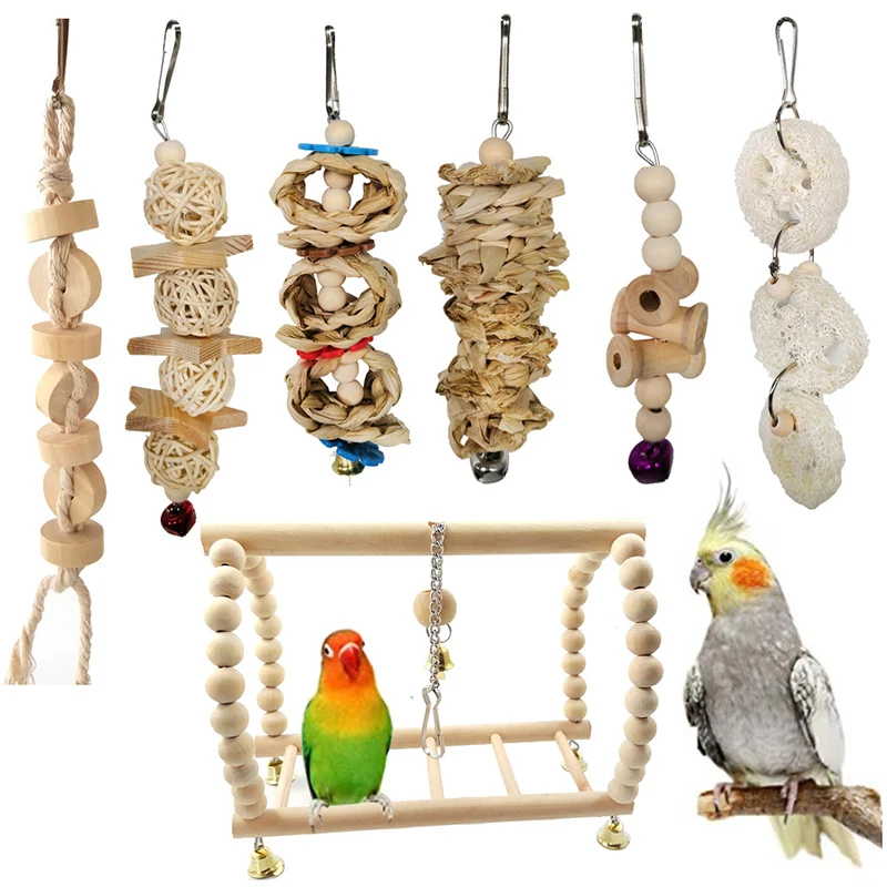 Unique And Interesting 7 Pieces Pet Bird Toy Parrot Playing Toy Swing Hanging Chew Toy For Cage Decoration HF