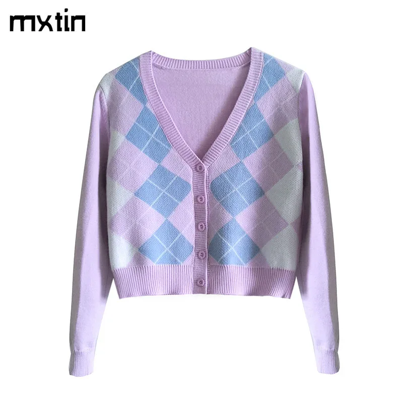 

Vintage Cute Geometric Rhombic Knitted Cardigan Sweater Women 2020 Fashion Spring and Autumn Outerwear Chic England Style Tops