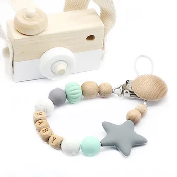 

Personalized Name Silicone and Wood Pacifier Clips, Pacifier Chain for Nipples, Baby Shower Gift, Kids Teething Toy