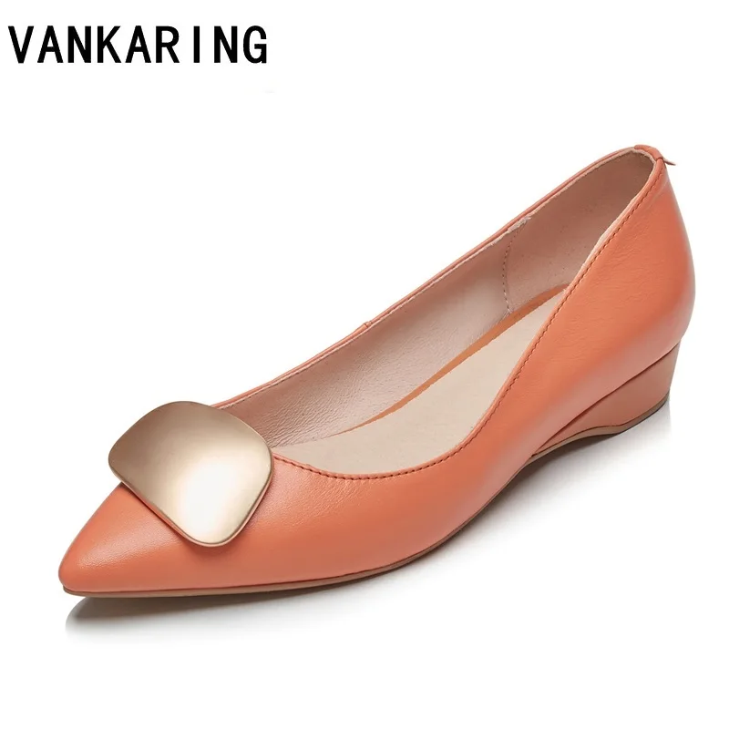 

autumn genuine leather women's low heels shoes female pumps slip on casual shallow woman wedges platform metal bow office shoes