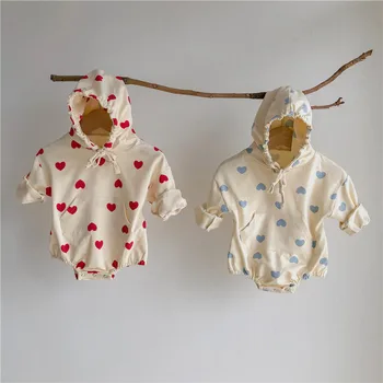 

5106 Fashion Hooded Baby Rompers For Baby Boys Girls Clothes Love Heart Print Newborn Clothing Jumpsuit Long Sleeve Baby Outfit